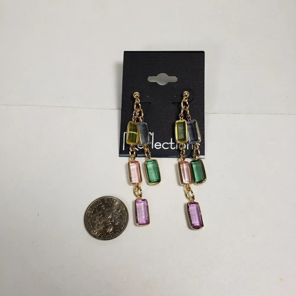 Gold tone Chain Drop Earrings Multicolor Crystal Dangles Stylish Women's Jewelry
